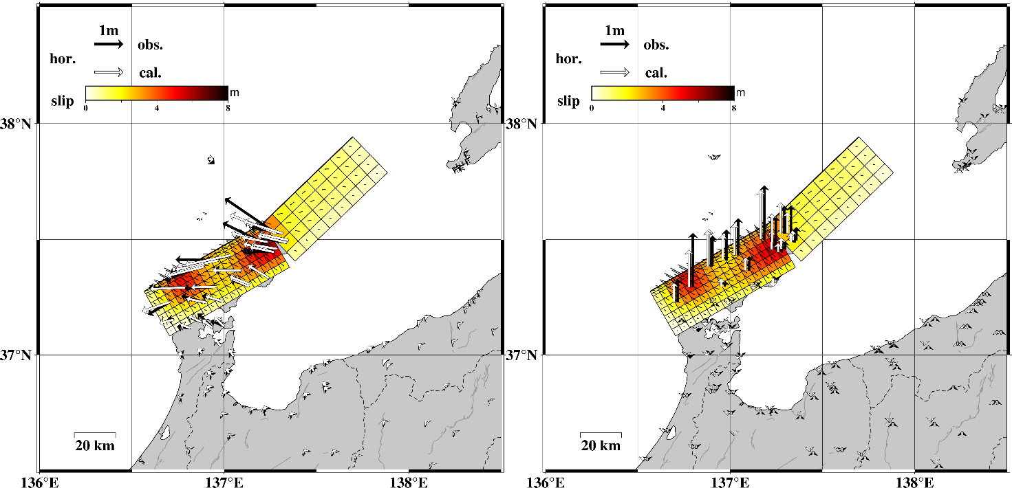 推定された地震時すべり分布と上下変位場の比較